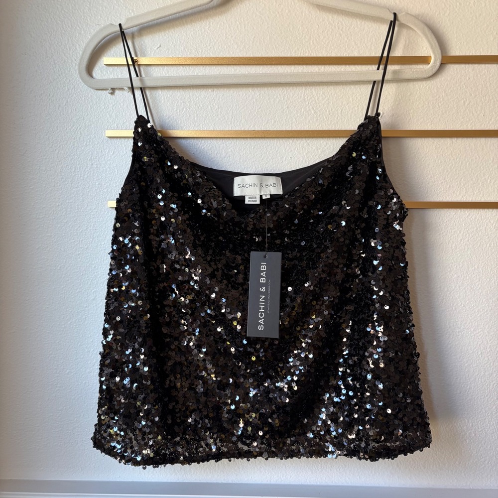 $185 NWT SACHIN & BABI Jesse Sequin Cami Black Prom Formal Party‎ Tank SMALL - Picture 5 of 8